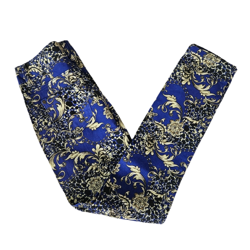 Hot Kiss Blue and Gold Floral Skinny Jeans